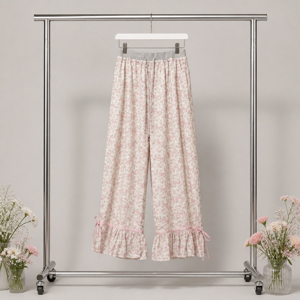 NWOT Peach Love California Floral Ruffle Hem Lounge Pants Pink Rose Medium